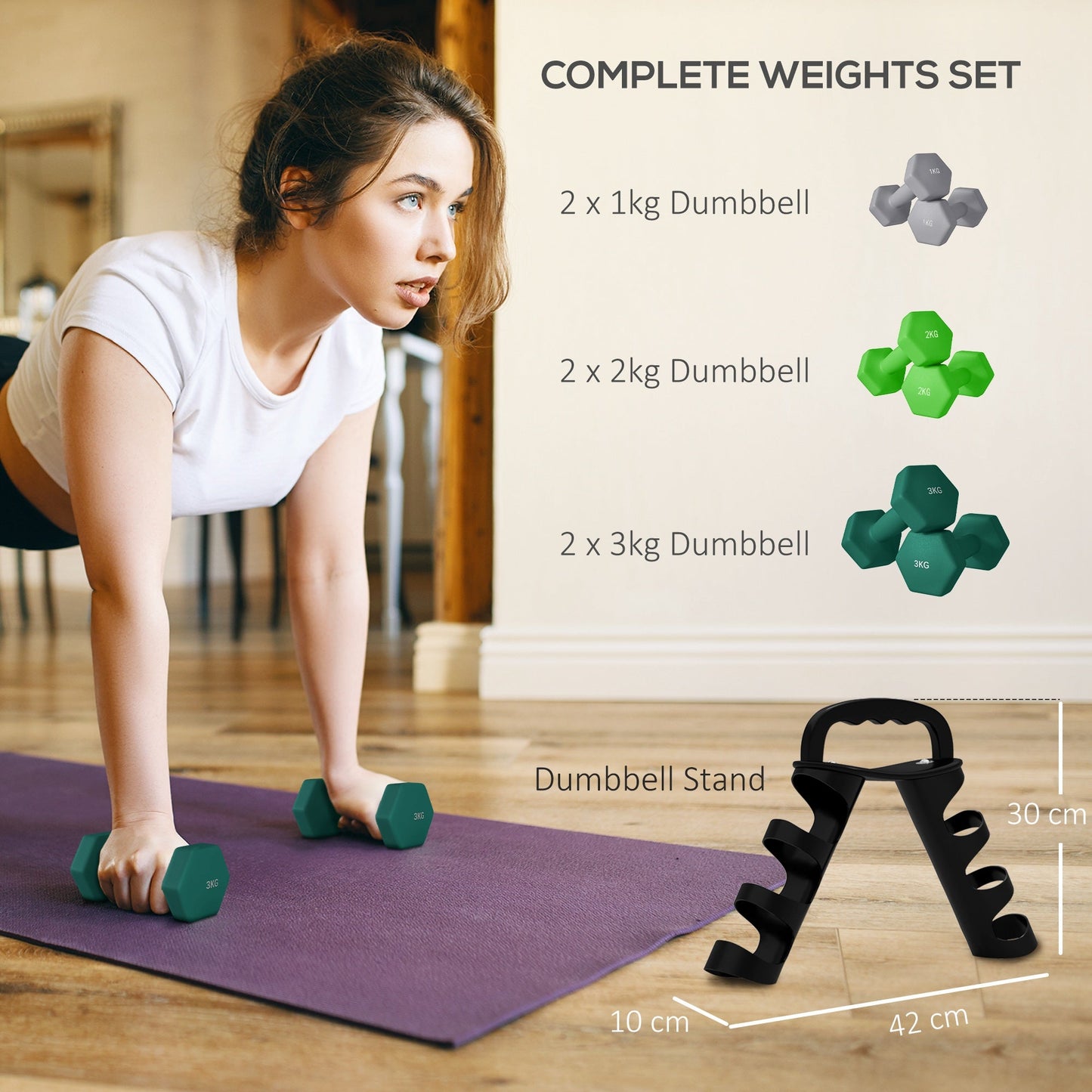 Set of 6 Dumbbells with Storage Rack - Hexagonal Weights 1kg to 3kg-3