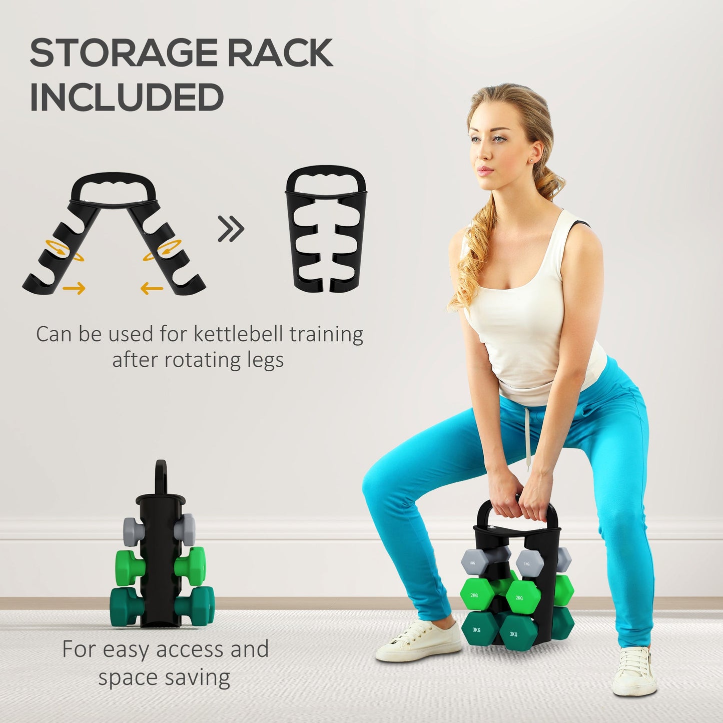 Set of 6 Dumbbells with Storage Rack - Hexagonal Weights 1kg to 3kg-4