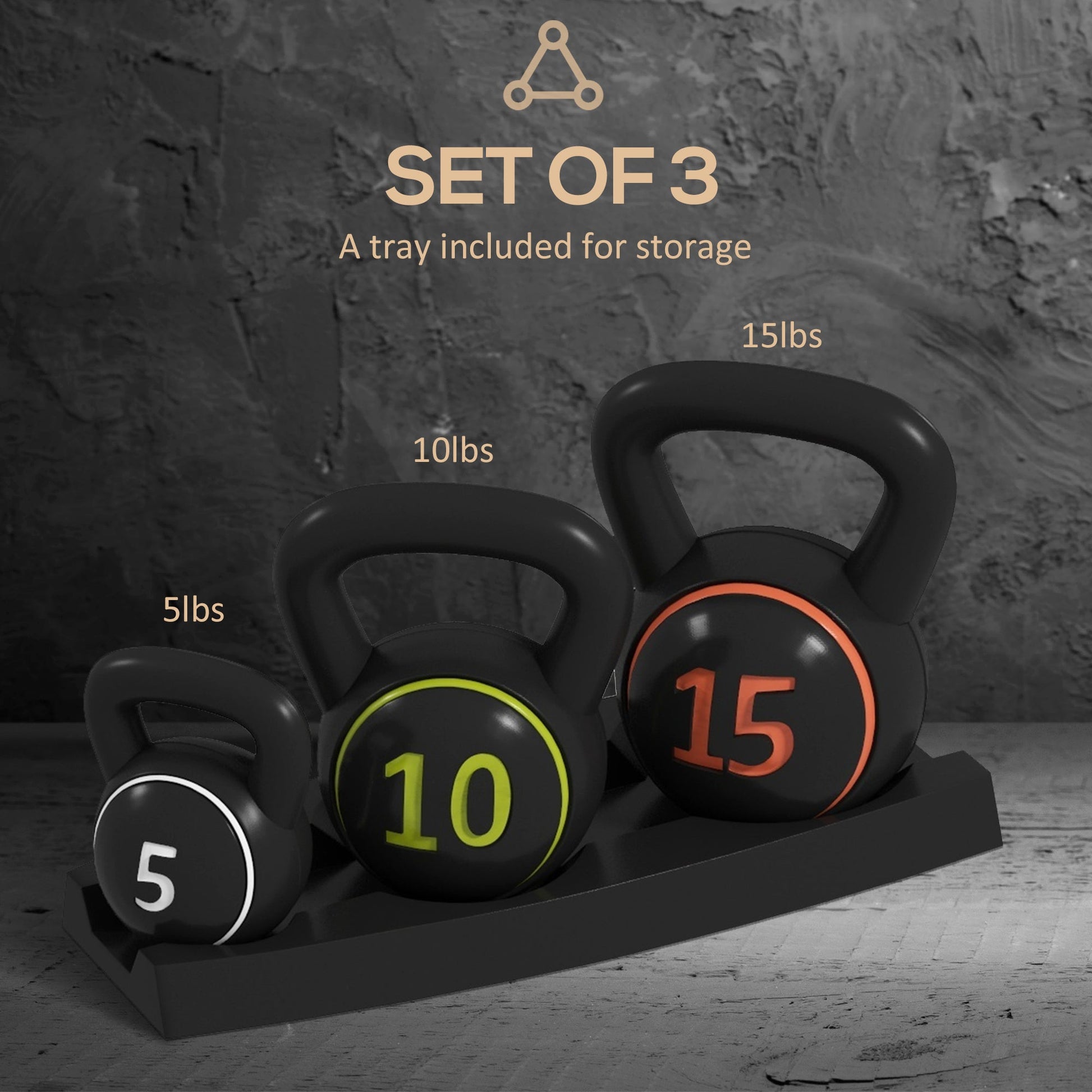 Set 3 Kettlebell Set Weights with Storage Stand for Home Gym Weight Lifting Training, 5lbs, 10lbs, 15lbs-3