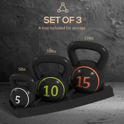 Set 3 Kettlebell Set Weights with Storage Stand for Home Gym Weight Lifting Training, 5lbs, 10lbs, 15lbs-3