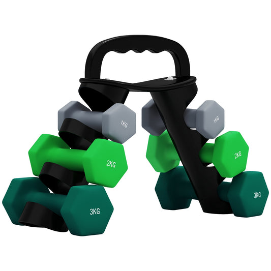 Set of 6 Dumbbells with Storage Rack - Hexagonal Weights 1kg to 3kg-0